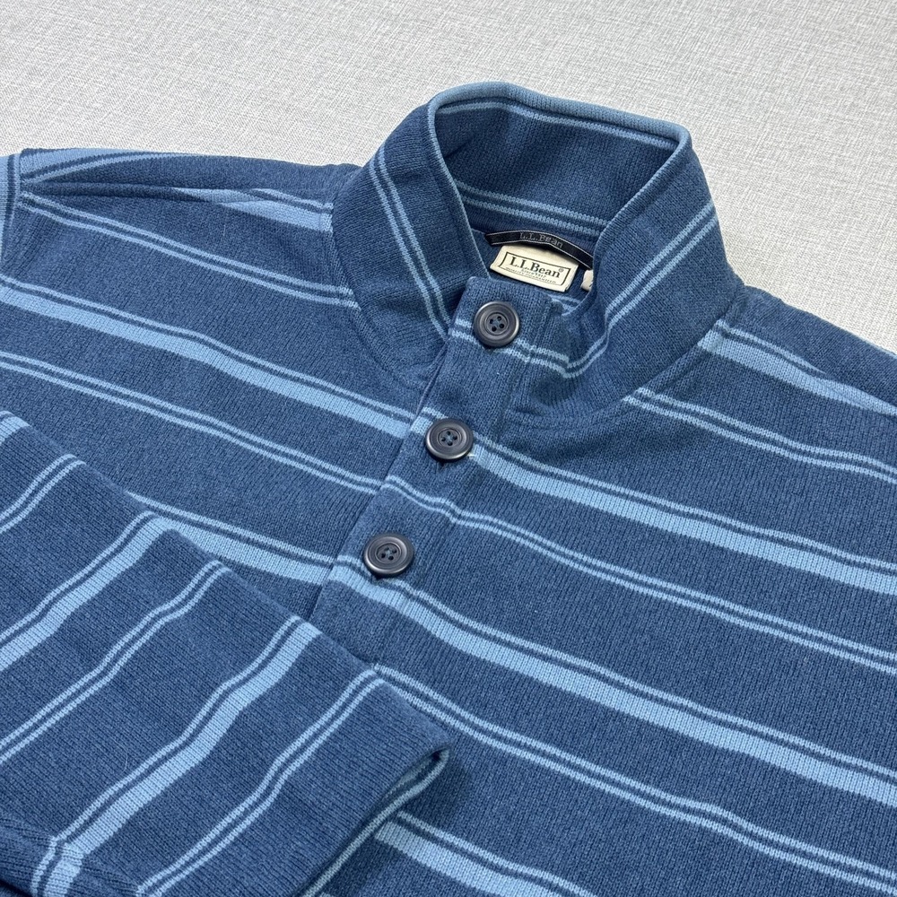 L.L. Bean Henley Sweater Pullover Mens 2XLT‎ Blue Mock Neck Polyester Striped